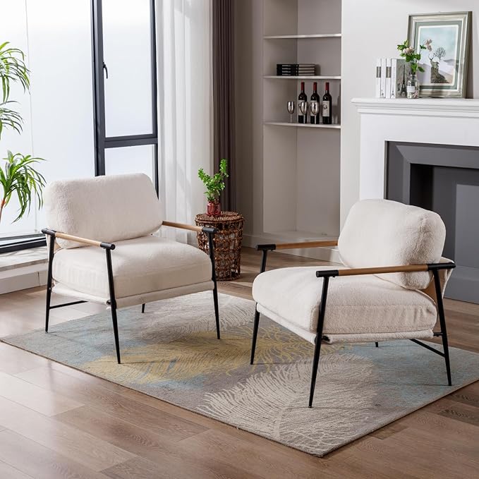 HEAH-YO Modern Accent Chair Set of 1, Upholstered Lambwool Living Room Chair with Backrests, Comfy Reading Armchair for Bedroom, White