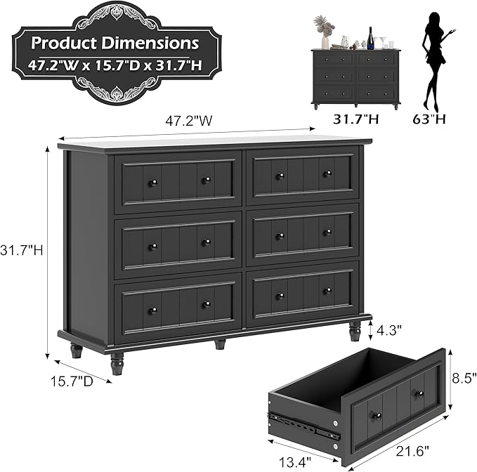 Scurrty Antique 6 Drawer Dresser, Modern Chest of Drawers, Large Cabinet with Storage, Big Dresser for Clothes in Living Room, Bedroom (Black)