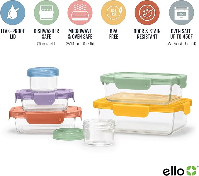 Ello Color Lock 12PC Mixed Glass Food Storage Sets, Leak-Proof Glass Food Storage Containers with Airtight BPA-Free Plastic Lids, Dishwasher, Microwave, and Freezer Safe, Desert Festival