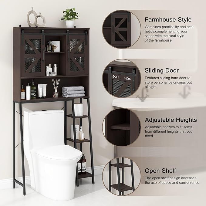 Over The Toilet Storage Cabinet, Farmhouse Storage Cabinet Over Toilet with 2 Sliding Barn Door,Home Space-Saving Toilet Rack, for Bathroom, Restroom, Laundry,Espresso