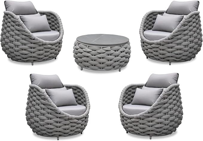 Front Porch Furniture Set: 5 Pieces Aluminum Patio Conversation Set All Weather - Cushioned Outdoor Sofa Set Assembled - Modern Metal Couch Seating for 400lbs Deck Garden Poolside Hotel - Gray