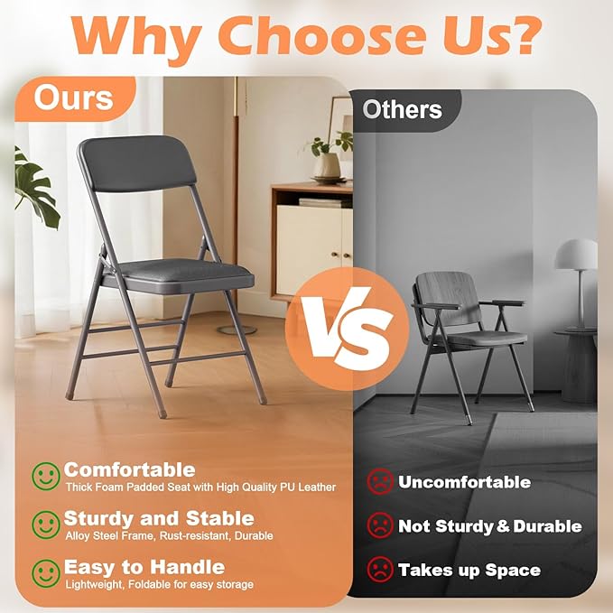 Commercial Grade Folding Chair with Padded Fabric Cushion(16"X16" |Double-hinged Legs Luxury Style|4.5kg Capacity Max Weight 150Kg for Home and Office,Indoor and Outdoor Events (2, PU-Gray)