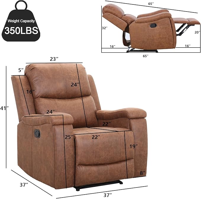 Brown Recliner Chair, Single Overstuffed Sofa Recliners, Breathable Faux Leather Manual Reclining Chairs with Hidden Cup Holder, Arm and Back for Adults, Living Room, Bedroom, Brown