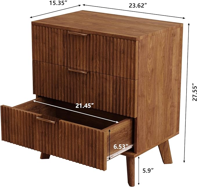 Fluted 3 Drawer Dressers, Modern Closet Dressers Chest of Drawers, Wood Storage Dresser Chest of Drawers Organizer for Bedroom Living Room Hallway Closet, Walnut, 2 Sets