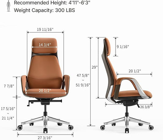 EUREKA ERGONOMIC Serene Executive Office Chair Genuine Leather Office Chair, Modern Executive Chair 135° Back Support Comfy Desk Chair with Arms & Aluminum Base for Home-Brown