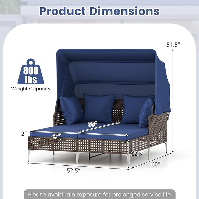 HAPPYGRILL Outdoor Daybed with Retractable Canopy, PE Wicker Rattan Patio Double Chaise Lounger with Cushions, Outside Sunbed Furniture for Garden, Poolside and Backyard (Navy)