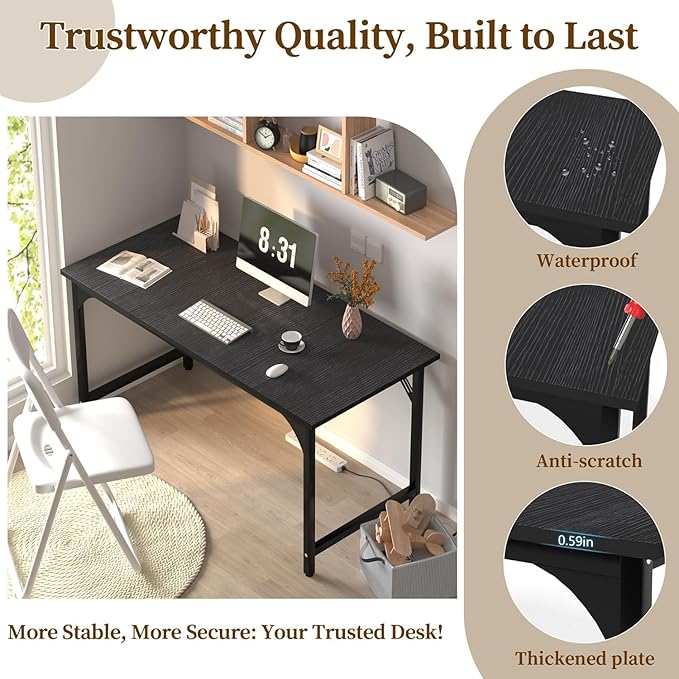 47'' Computer Desk with Deeper Desktop, Home Office Desk Workstation with Sturdy Metal Frame, Modern Simple Desk for Gaming Studying Writing, Black