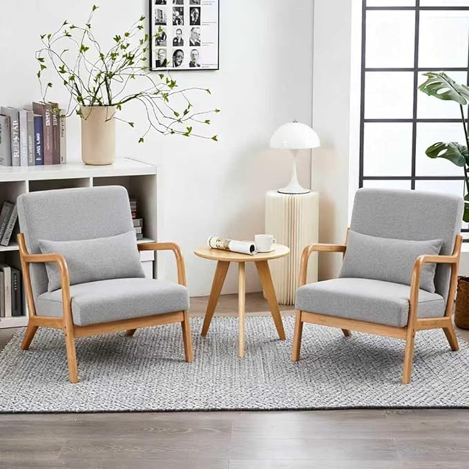 Accent Chairs, Set of 2 Mid-Century Modern Chair with Pillow, Armchair with Solid Wood, Reading Relaxing Leisure Chair for Living Room(Light Grey)