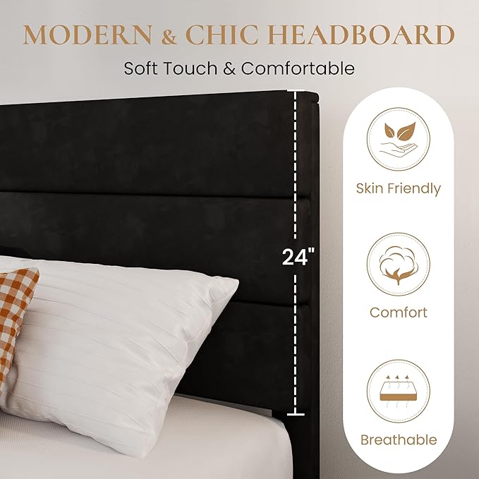 SHA CERLIN Twin Platform Bed Frame with Velvet Upholstered Headboard, Mattress Foundation with Strong Wooden Slats Support, No Box Spring Needed, Black