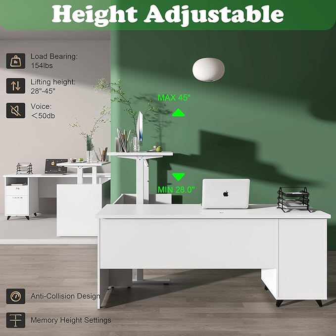 70" W L‑Shaped Executive Standing Desk with Storage Cabinet, Electric Corner Height Adjustable Workstation for Dual Screens, Printer, and Office Essentials