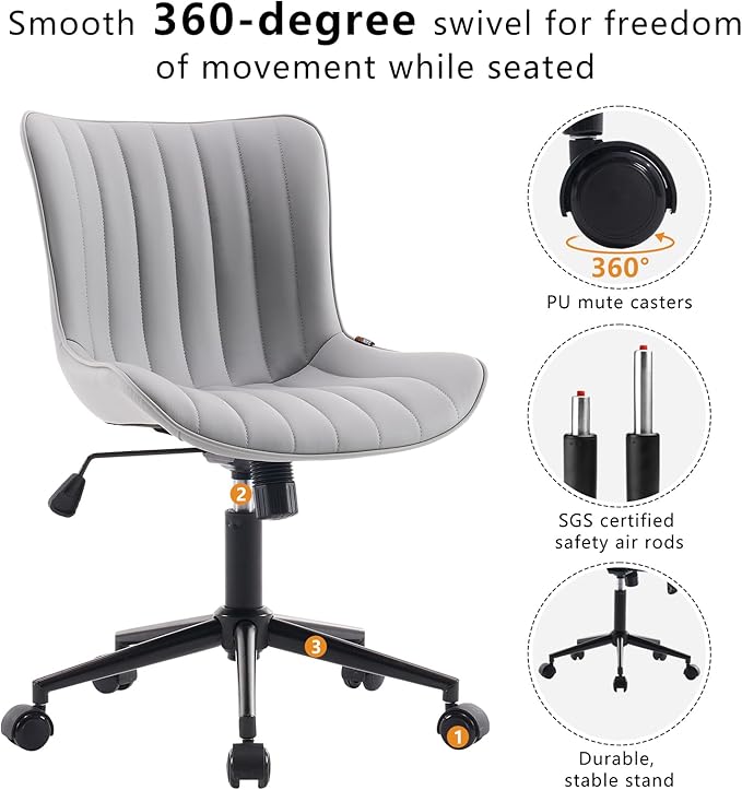 YOUNIKE Grey Home Office Desk Chair with Wheels Comfy Armless Vanity Chair with Back Modern Leather Upholstered Rolling Computer Task Chair Small Cute Drafting Sewing Chair Swivel Adjustable Ergonomic