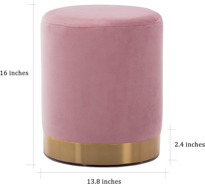 DAGONHIL Modern Round Pink Velvet Ottoman,Upholstered Floor Stools with Gold Plating Base,Accent Makeup Stool for Living Room,Bedroom and Kids Room,Pack of 1(Pink)