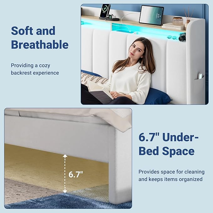 Allewie Velvet Vertical Tufted King Size Upholstered Platform Bed Frame with 2-Tier LED Storage Headboard & 2 Storage Drawers, USB & Type-C Charging Ports, Noise-Free/No Box Spring Needed, White