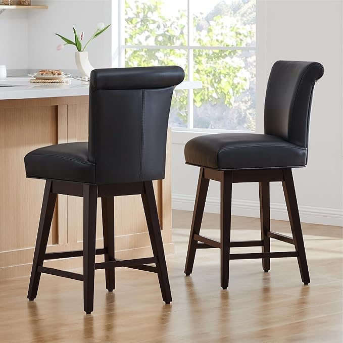 CHITA 26 Inch Counter Height Swivel Bar Stools Set of 4, FSC Certified Modern Upholstered Faux Leather Swivel Barstool Chair with Back, Black