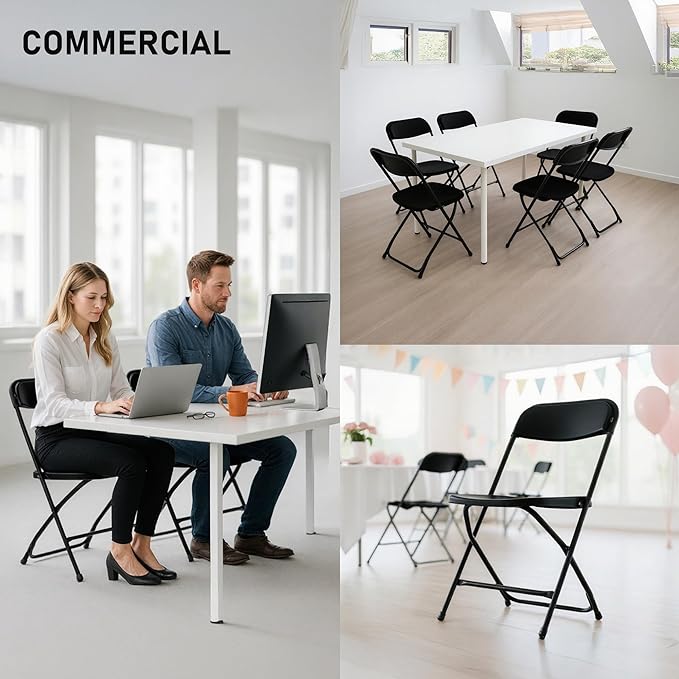 SEALAMB 6 Pack Black Plastic Folding Chairs for Indoor Outdoor, Portable Commercial Seat with Steel Frame for Home Office Wedding Party Events, 350lb Capacity (Black-Plastic, 6 Pack)