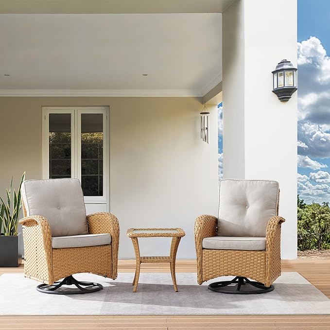 HUMMUH Swivel Patio Chair 3 Piece PE Wicker Patio Furniture Set with Rocking Chairs and Side Table Outdoor Bistro Set for Porch,Garden,Deck,Poolside