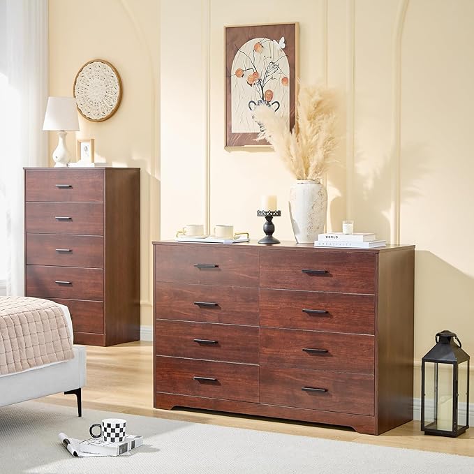 LIDYUK Dark Cherry Dresser for Bedroom, 8 Drawer Dressers & Chests of Drawers, Modern Wood Dresser, 48 Inches Wide Chest of Drawers for Bedroom, Hallway, Living Room