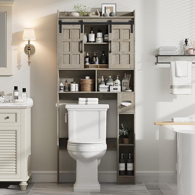 Over The Toilet Storage Cabinet, Farmhouse Storage Cabinet Over Toilet with Sliding Doors,Home Space-Saving Toilet Rack, for Bathroom, Restroom, Laundry.Wash Grey