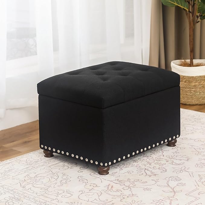 Joveco Storage Ottoman Bench, Rectangle 24″ Linen Foot Rest Stool Square Footstool for Living Room, Bedroom, Black