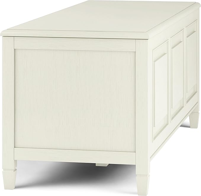 SIMPLIHOME Connaught Entryway Storage Bench - 51 inch Wide Solid Wood Storage Trunk Seat in Antique White, Traditional Bench for Entryway or Living Room with Lift-Up Lid and Decorative Moulding