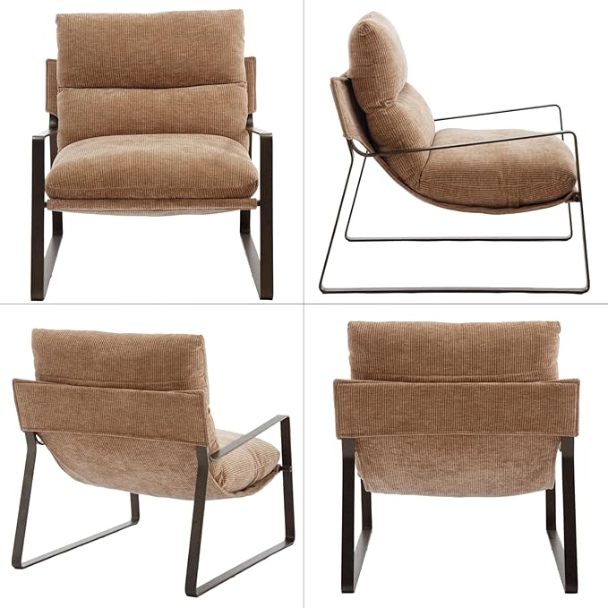 DUOMAY Mid-Century Accent Chairs Armchair Set of 2, Comfy Chenille Leisure Chairs Lazy Chairs with Brozen Metal Leg for Living Room Bedroom Office Apartment, Khaki