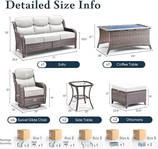 Belord Luxury 6" Thick Cushioned 10 Pieces Patio Furniture Set with Outdoor Couch, Wicker Outdoor Conversation Set with High Back Swivel Rocker Chairs for Deck Porch Yard and Poolside - Brown+Beige