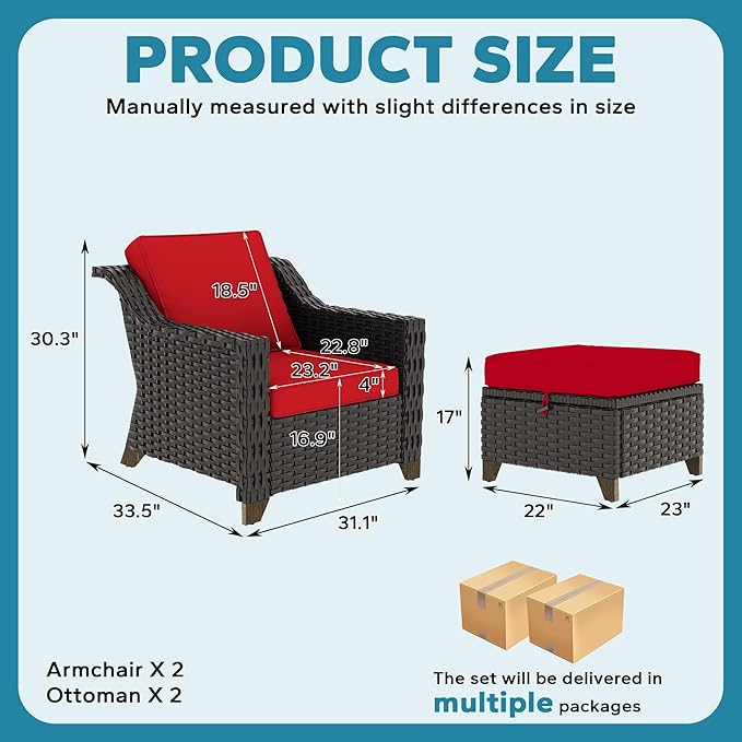 4 Pieces Patio Conversation Furniture Set - 2 Chairs with Ottomans Set of 2, Outdoor Wicker Armchairs with Water-Resistant and Washable Cushions for Porch, Balcony, Sunroom (Red)