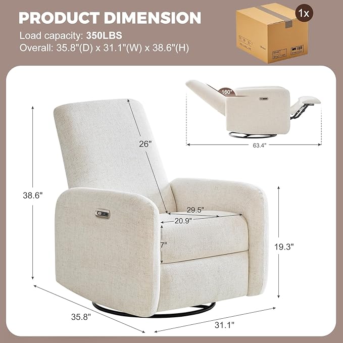 Power Recliner Chair, Swivel Rocker Recliner with USB A/C Charging Ports & Smooth Swivel Motion, Chenille Upholstered Rocking Chair for Nursery,Living Room, Bedroom, Set of 2, Cream