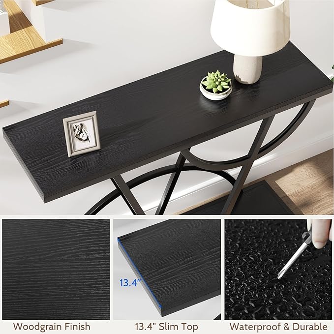 43" Console Table, Industrial Entryway Table with Storage Shelf, Narrow Wood Sofa Table with Metal Frame for Living Room, Hallway, Foyer, Entrance, Black