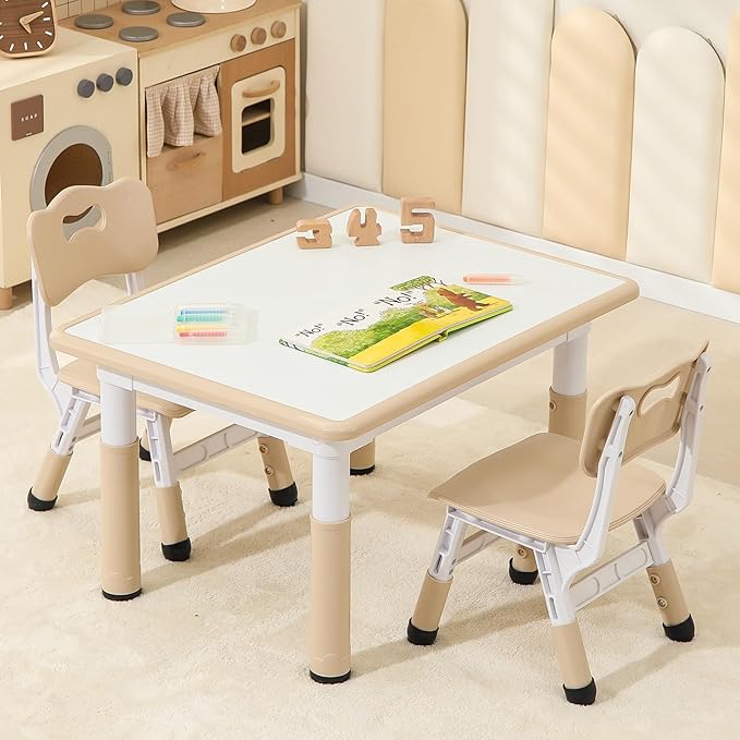 Toddler Table and 2 Chairs, Height-Adjustable Kids Table and Chairs Set, 31.5''L x 23.6''W Children Activity Table for Boys and Girls Aged 3-8