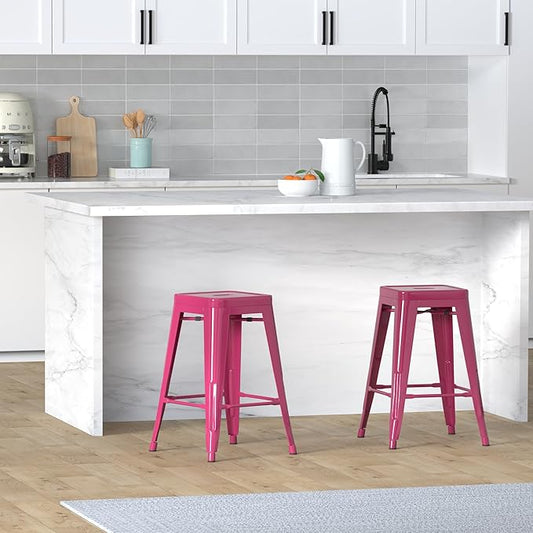 Vogue Furniture Direct 24 Inch Bar Stools Backless Metal Barstools Indoor-Outdoor Counter Height Stools with Square Seat, Set of 4 (Hot Pink)
