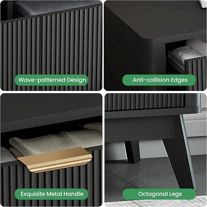 Fluted 5 Drawer Dresser, Tall Dresser with Deep Drawers, Wood Chest of Drawers for Bedroom, Modern Tall Chest Storage Organizer, Natural Finish for Hallway, Entryway, Living Room(Black)