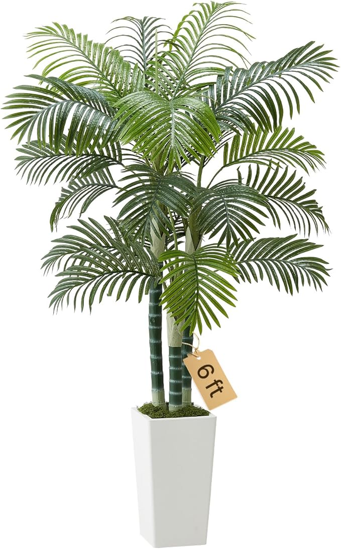 VEVOR Artificial Areca Palm Tree 6 ft, Fake Palm Tropical Plants with White Tall Planter, Faux Floor Silk Plant in Pot, Large Trees for Home Office Living Room Decor House Warming, Indoor Outdoor