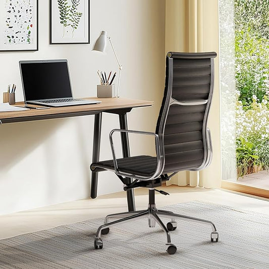 Ribbed Office Chair with Top Grain Leather - High Back Ergonomic Desk Chair with Aluminum Arms & Frame, Swivel Wheels & Tilt Function, Adjustable Height