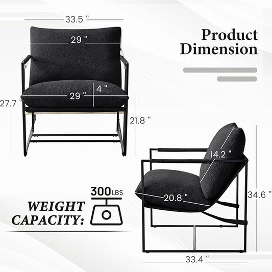 Furniliving Sling Accent Chair with Metal Frame, Comfortable Boucle Fabric Arm Chair, Upholstered Cozy Reading Chair for Living Room, Bedroom, Dressing Room, Home Office, Black