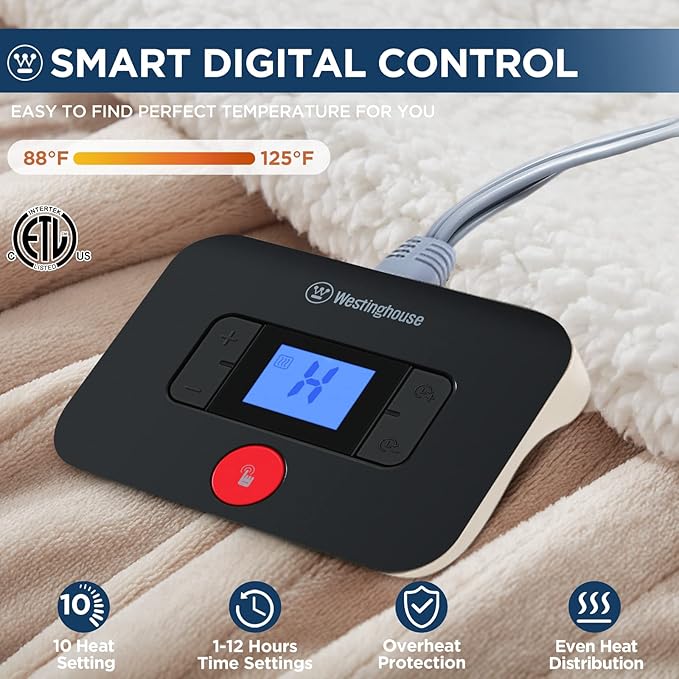 Westinghouse Electric Blanket Full, Heated Blanket Full Size with 10 Heating Levels and 1 to 12 Hours Heating Time Settings, Flannel to Sherpa Reversible, Machine Washable (80" x 84", Beige)