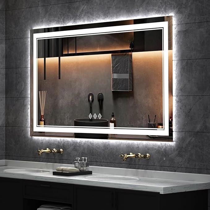 LED Vanity Mirror, 48x30 Inch Gradient Front and Backlit LED Mirror for Bathroom, 3 Colors Dimmable CRI>90 Double Lights, IP54 Enhanced Anti-Fog, Hanging Plates Wall Mount Lighted Mirror