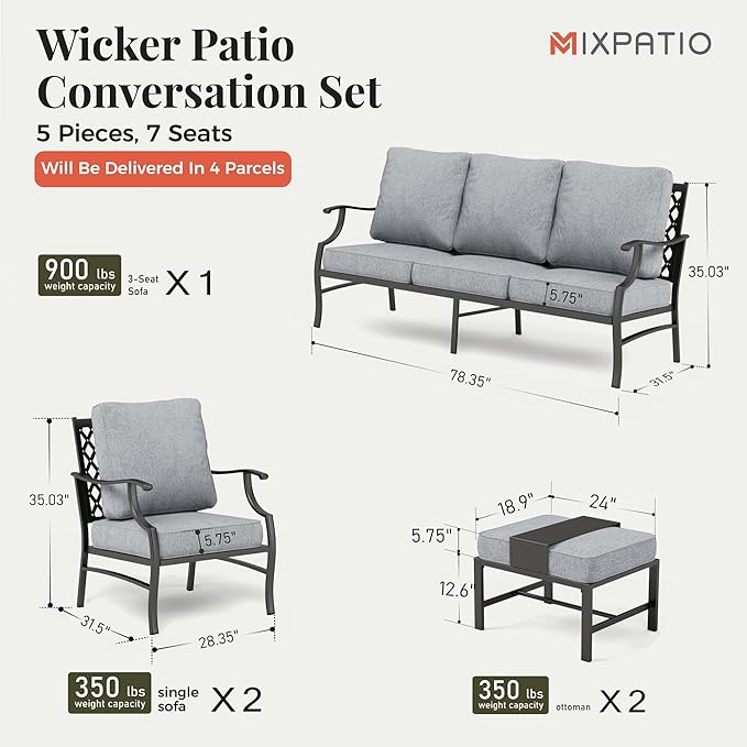 Patio Furniture Set 5 pcs, Outdoor Patio Furniture, 3-Seat Sofa, 2 Single Chairs, 2 Ottomans and 5.75" Extra Thick Cushion, Patio Conversation Set for Garden Backyard Deck,Grey