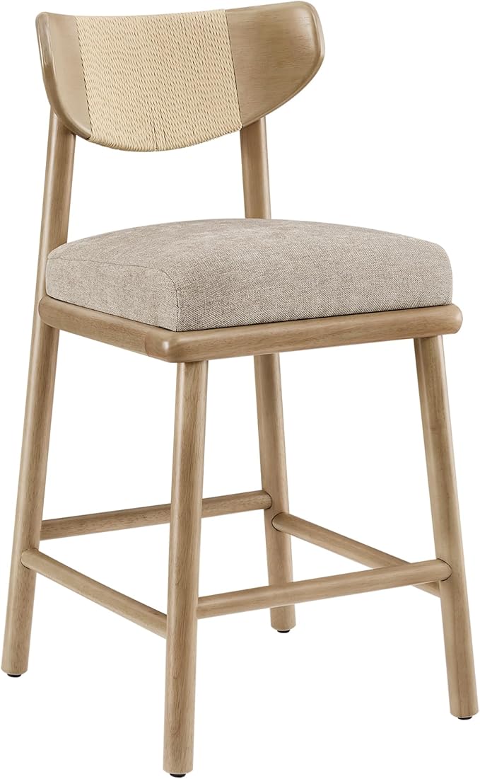 Watson & Whitely Boho Counter Height Bar Stools Set of 2, 27” Modern Upholstered Bar Stools with Natural Woven Rope Back and Solid Wood Frame for Kitchen Island, Home Bar, Fabric in Khaki
