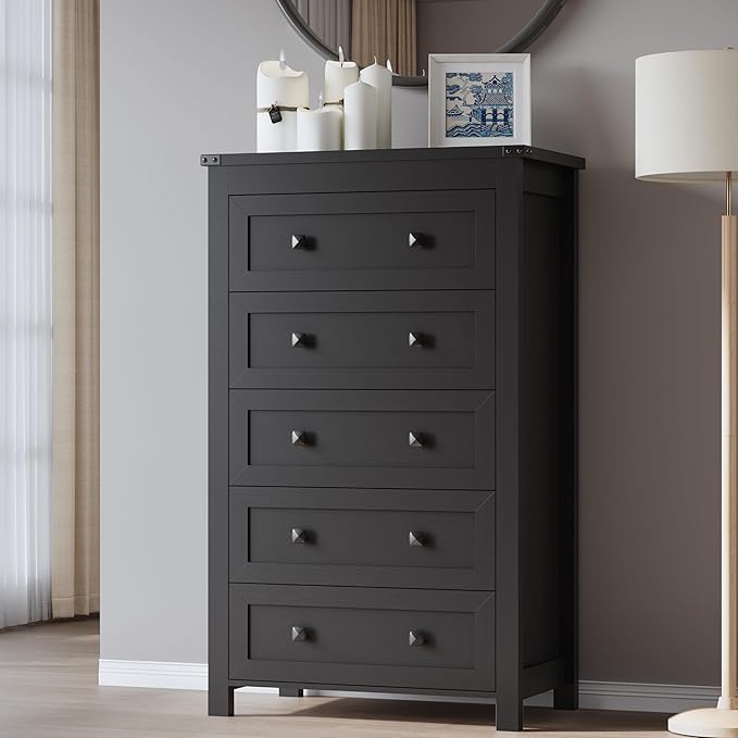 Tall 5-Drawer Dresser, Modern Wooden Storage Chest of Drawers, Dresser TV Stand, Wood Drawer Organizer with Metal Handles for Bedroom, Living Room, Hallway