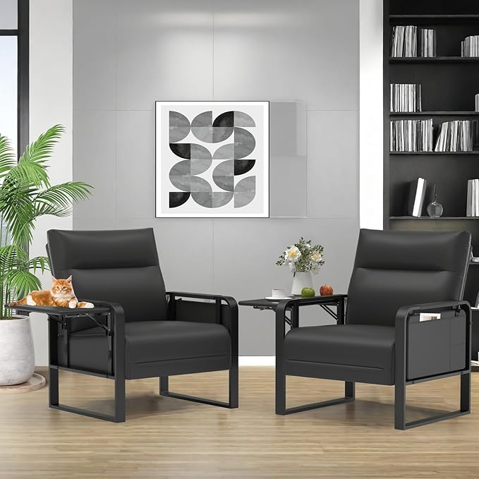 Faux Leather Accent Chair Set of 2, Upholstered Armchair with Side Tray & Pocket, Comfy Reading Chair for Living Room, Bedroom, Guest Room, Black