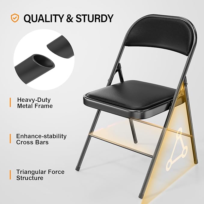 VINGLI 4 Pack Folding Chairs with Padded Seats, Metal Frame with Pu Leather Seat & Back, Capacity 350 lbs, Set of 4, Black
