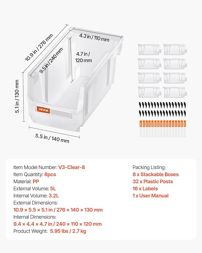 VEVOR Plastic Stackable Storage Bins, 10.9 x 5.5 x 5.1 inch (8 Pack), Plastic Containers for Organizing & Storage Bins for Closet, Garage, Small Parts, Office Supplies, Other Accessories, Transparent