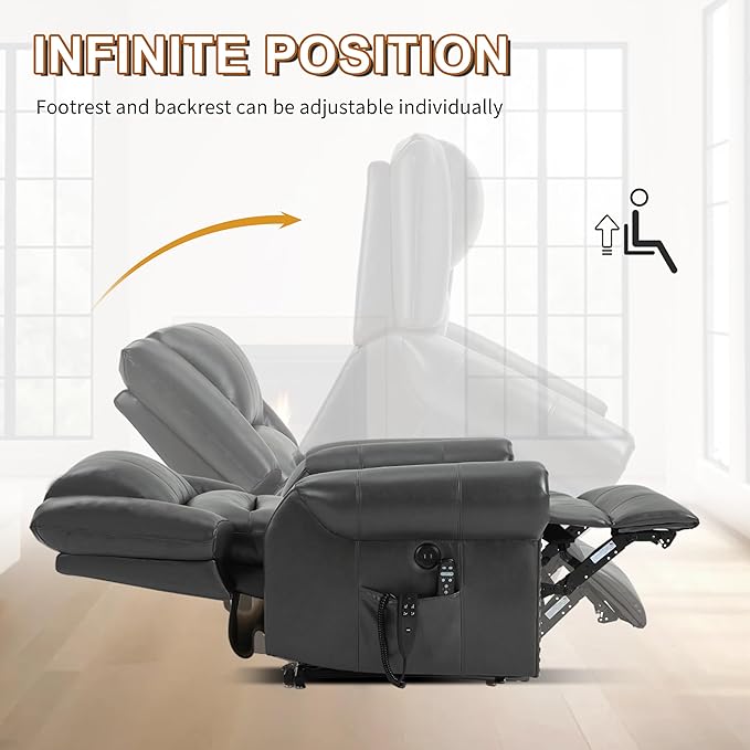 Luxlen Power Lift Recliner Chair for Elderly, Dual Motor Massage Recliner with Lumbar Heat, Heavy Duty Motion Mechanism Lift Chair with Charge Ports, Faux Leather - Gray