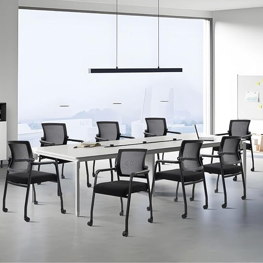 8PK Office Guest Chairs No Wheels | Ergonomic Lumbar Support and Thicked Seats Cushion, Desk Chair with Adjustable Mesh Back for Waiting Room School Church Reception,Black