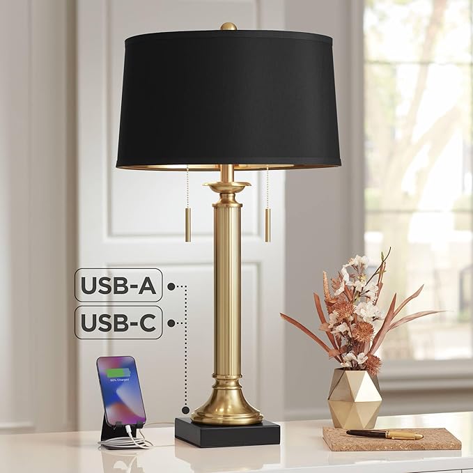 Possini Euro Design Wynne 30" Tall Traditional Glam Table Lamp with USB Ports A+C Charging Warm Gold Metal Black Drum Shade for Living Room Bedroom House Bedside Nightstand Office Reading Family