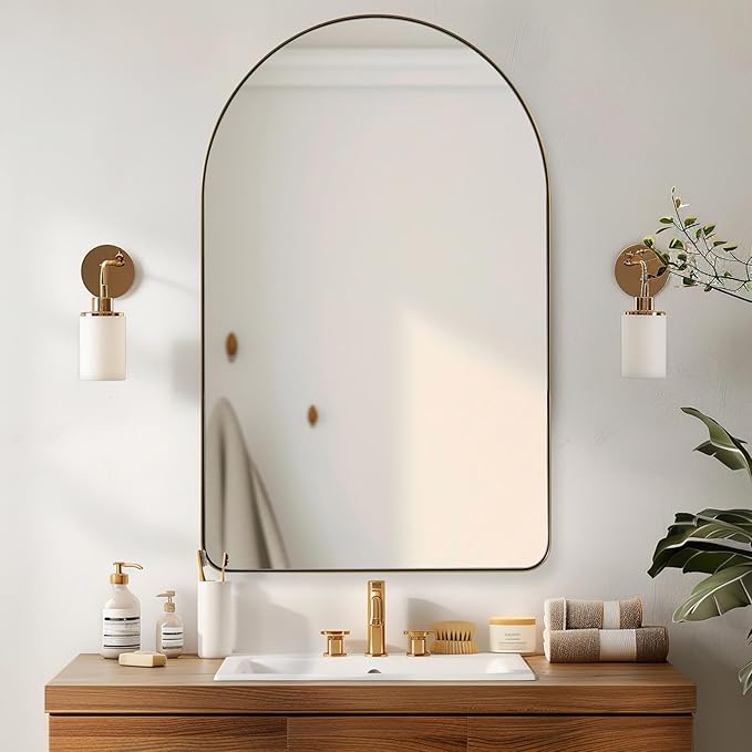 ANDY STAR Arched Mirror, 24 x 38 Inch Gold Vanity Mirror in Stainless Steel Metal Frame, Arch Top Rounded Corner 1 Inch Deep Set Design Wall Mount Hangs Vertical