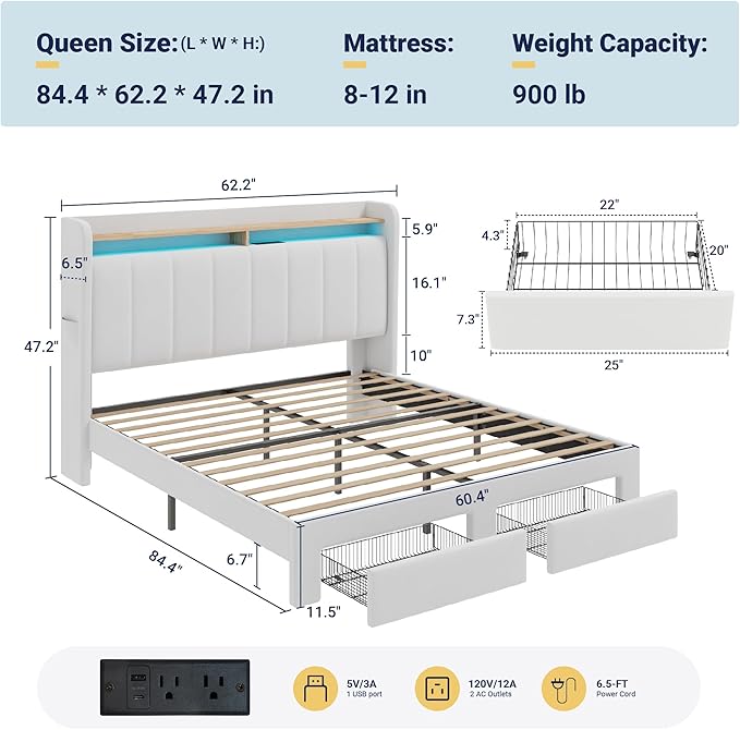 Allewie Velvet Vertical Tufted Queen Upholstered Platform Bed Frame with 2-Tier LED Storage Headboard & 2 Storage Drawers, USB & Type-C Charging Ports, Noise-Free/No Box Spring Needed, White
