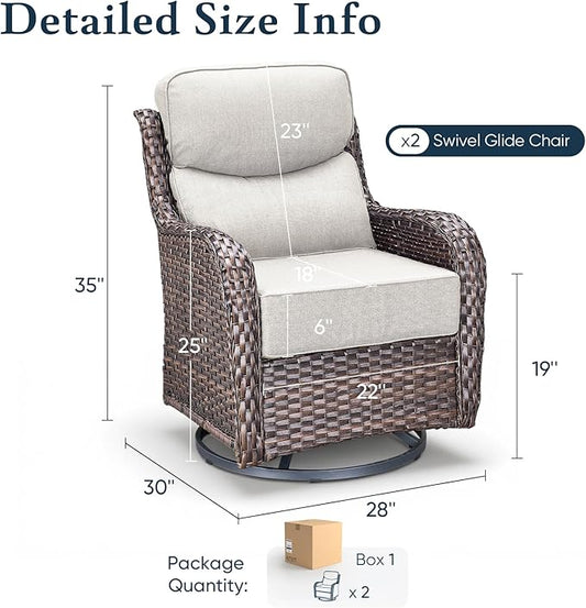 Belord Luxury 6" Thick Cushioned Outdoor Swivel Rocker Patio Chairs of 2, High Back Wicker Patio Furniture Set with Ergonomic Zone Back, Conversation Glider Set for Deck Porch - Brown+Beige