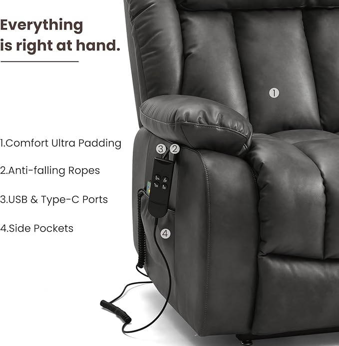 PARKOL Dual Motor Power Lift Recliner Chair for Elderly, 180-Degree Infinite Position Lay Flat Leather Recliner Chairs, with Massage and Heating, USB & Type-C Port and Remote (Sliver Gray, Medium)